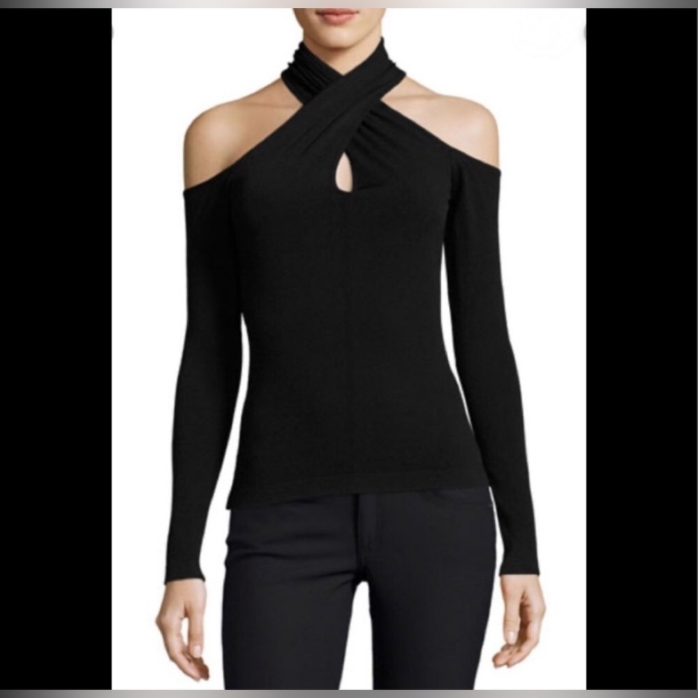 NWT Milly Wrap Keyhole Neck Cold Shoulder Top Black Size Large